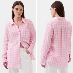 GAP Pink White Gingham Plaid 100% Linen Boyfriend Button Down Shirt Medium NWT